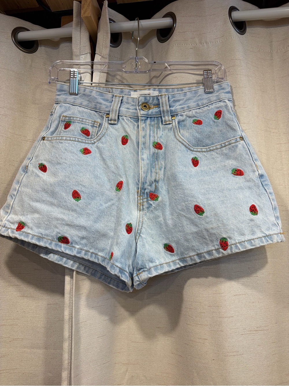 Cotton On Embroidered Strawberry Light Wash Denim Shorts